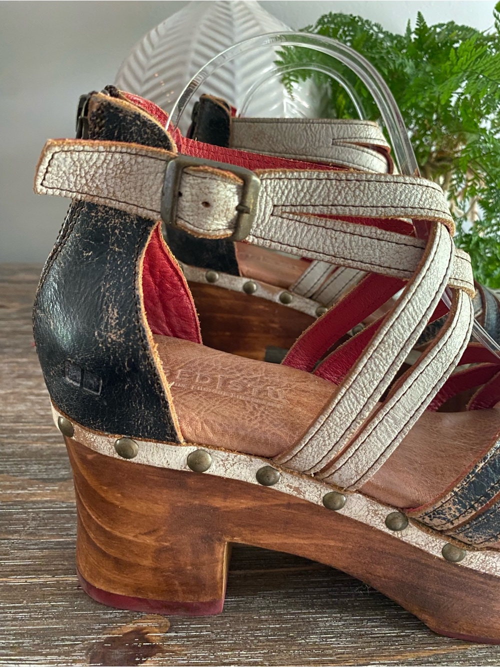Bed|Stu Antonelli Leather Wood Platform Heeled Sandals Womens 10 Tan Black Lux - Picture 10 of 16